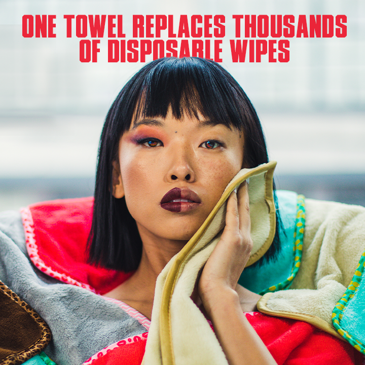 Woman holding a towel with text about replacing disposable wipes.