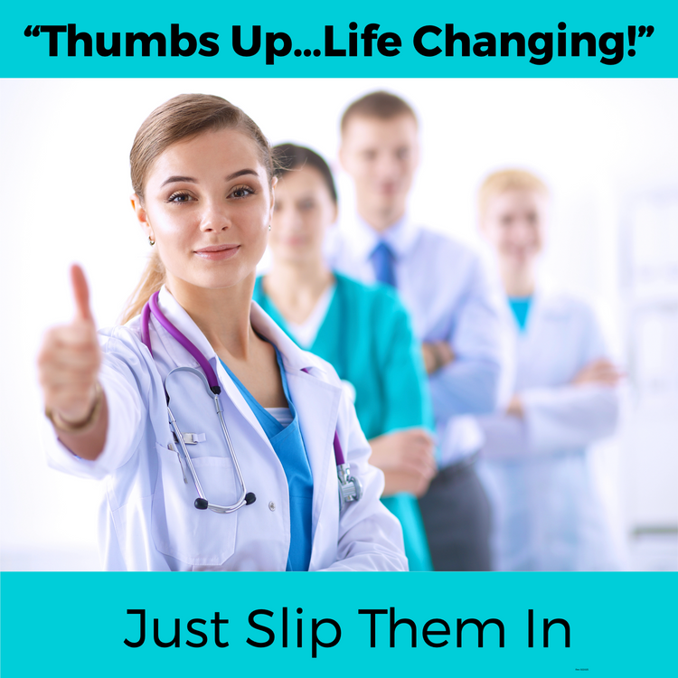 Woman in medical attire giving a thumbs up with text 'Thumbs Up.