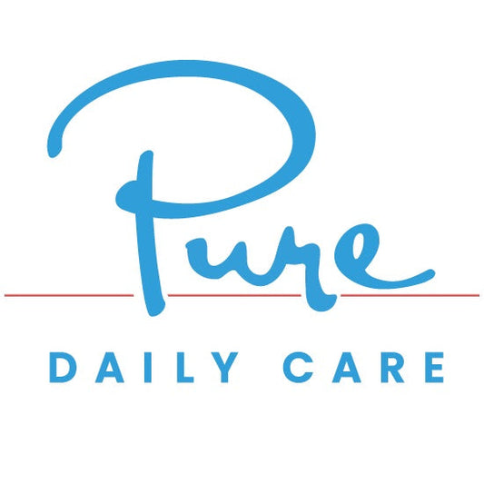 A LED light therapy facial mask and a bottle of high energy hyaluronic serum, both branded by Pure Daily Care, with the mask illustrated in a rainbow of light colors and the serum bottle labeled.