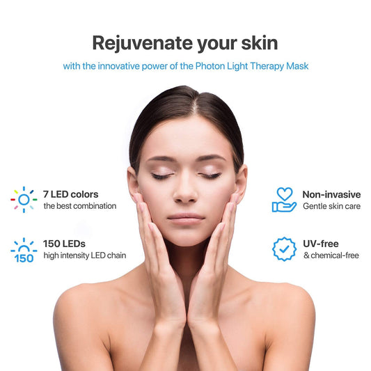 A LED light therapy facial mask and a bottle of high energy hyaluronic serum, both branded by Pure Daily Care, with the mask illustrated in a rainbow of light colors and the serum bottle labeled.