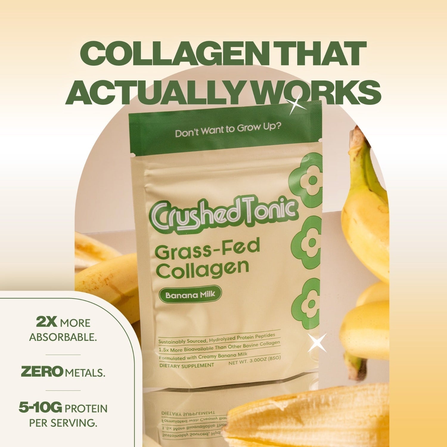 Package of Crushed Tonic Grass-Fed Collagen with bananas on a light background