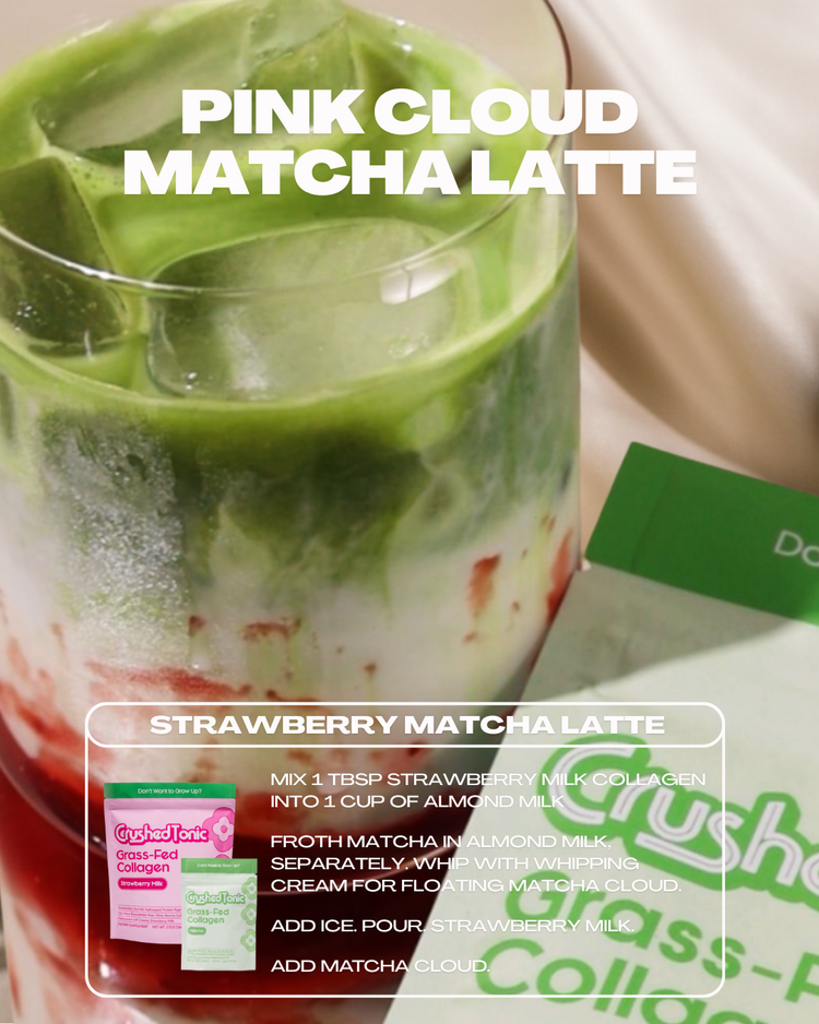 Strawberry Matcha Latte with green cloud and text overlay on a branded background