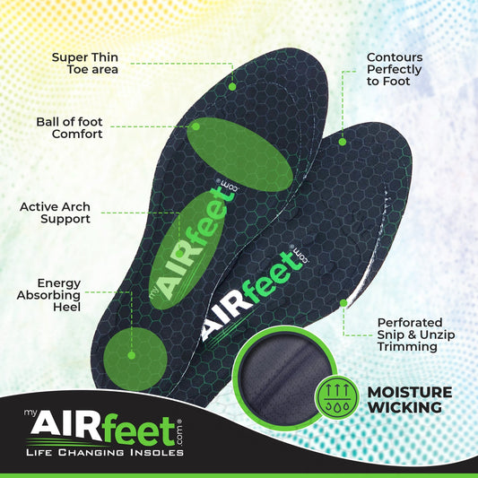 Two pairs of AIRfeet Insoles with packaging on a white background