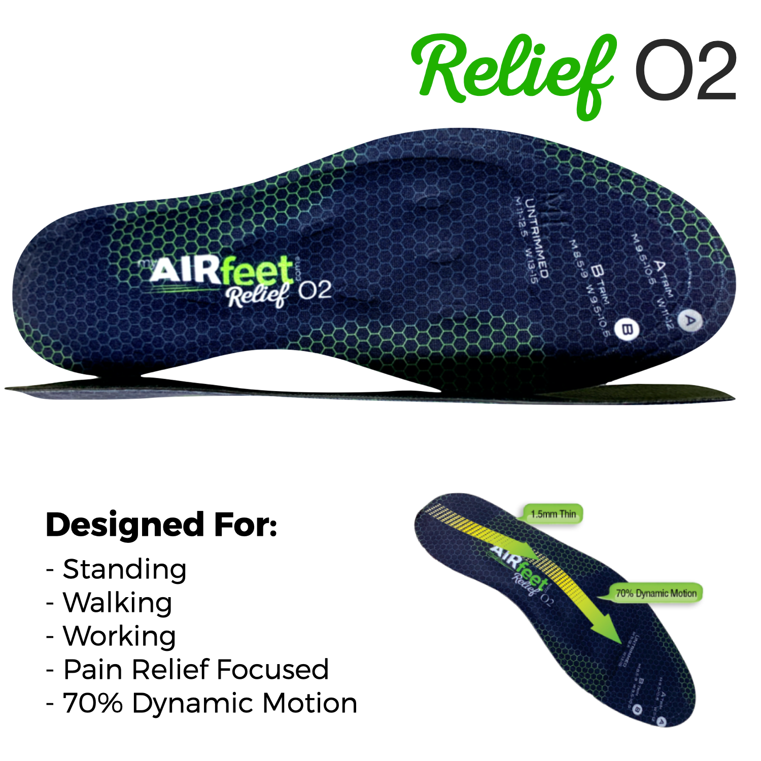 Air feet Relief 02 insole with branding and features on a white background