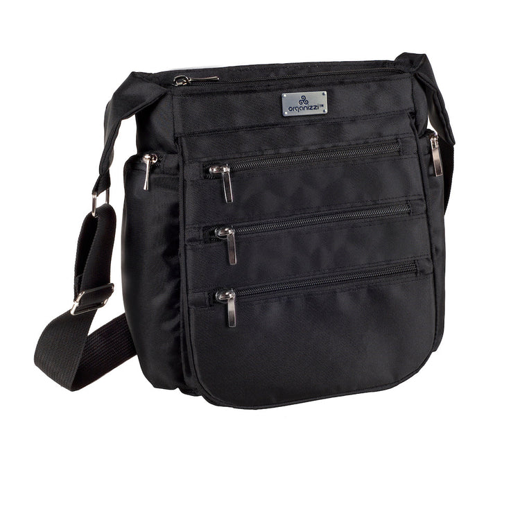 Black crossbody bag with multiple pockets on a white background