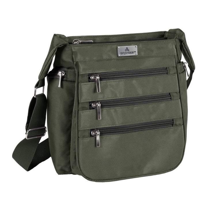 Green shoulder bag with multiple pockets on a white background