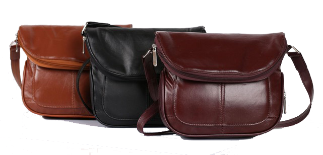 Three leather handbags in brown, black, and red on a white background