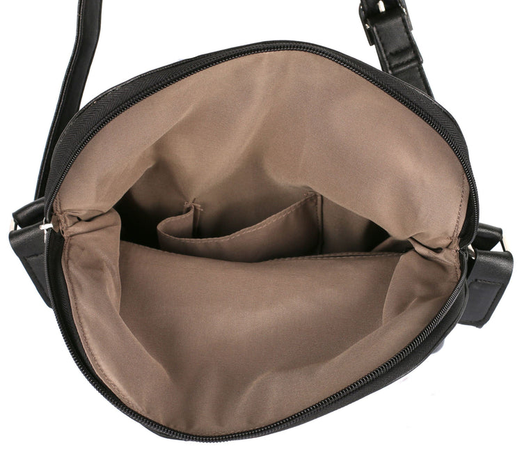 Brown leather handbag with black trim on a white background