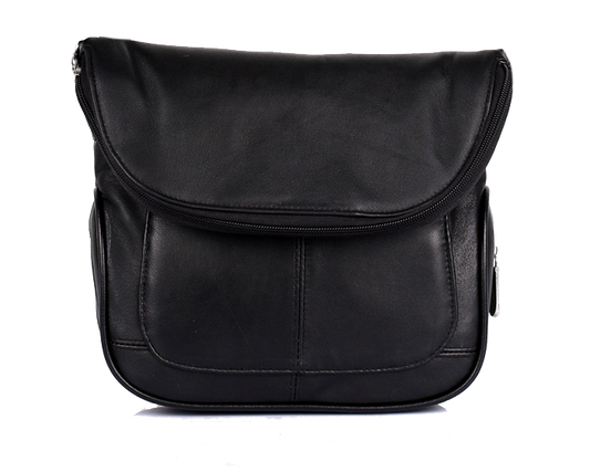Black leather bag on a white background