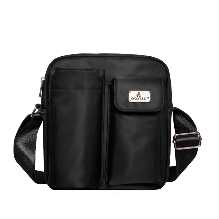 A collage of images showing a crossbody shoulder bag in various colors, with the main compartment holding a water bottle, and additional pockets for a bottle and other items. A person is seen wearing the bag across their body in one of the images.