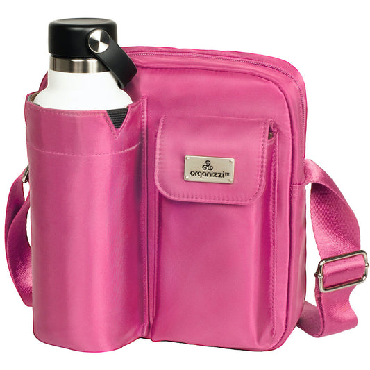 Maroon crossbody bag with a visible brand logo on a white background