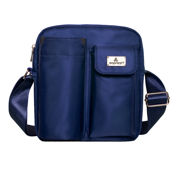 Blue shoulder bag with a strap on a white background