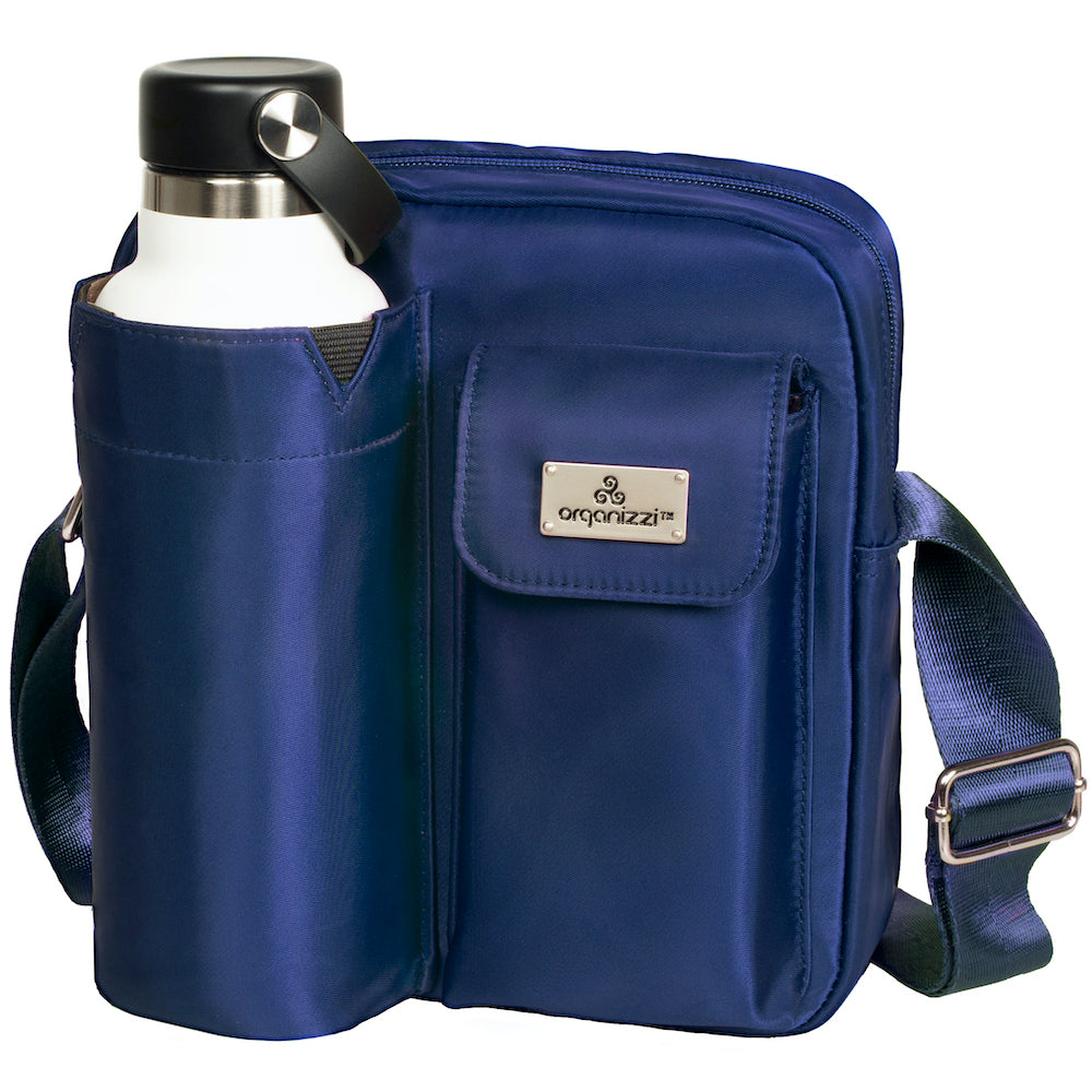 A collage of images showing a crossbody shoulder bag in various colors, with the main compartment holding a water bottle, and additional pockets for a bottle and other items. A person is seen wearing the bag across their body in one of the images.