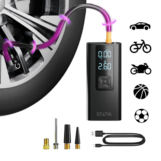 Black digital tire pressure monitor with digital display on a white background