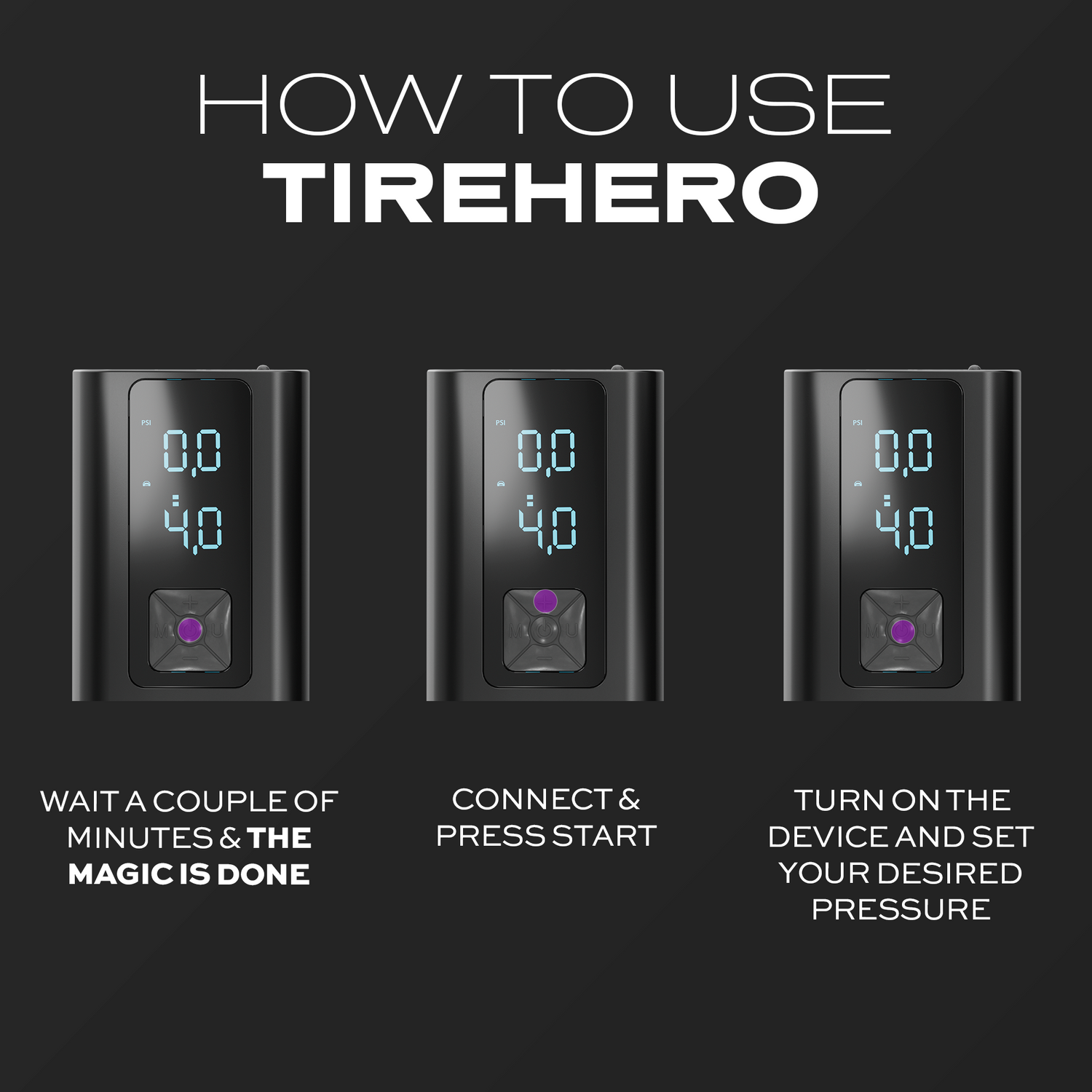 Instructions on how to use TireHero device with three steps displayed.
