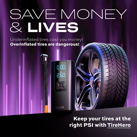 Black digital tire pressure monitor with digital display on a white background