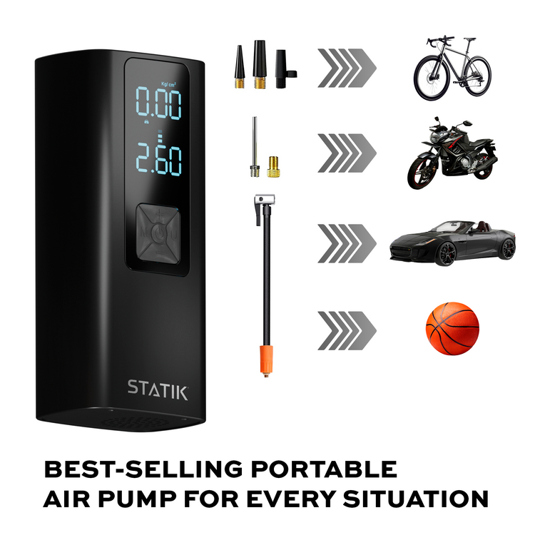 Black portable air pump with accessories and uses indicated on a white background