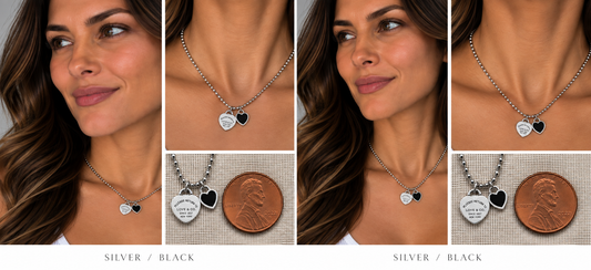 Two necklaces on mannequin busts with a blurred background