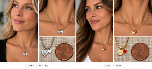 Two necklaces on mannequin busts with a blurred background