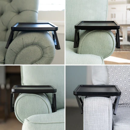 Collage of a black tray table attached to a green armchair in various positions.