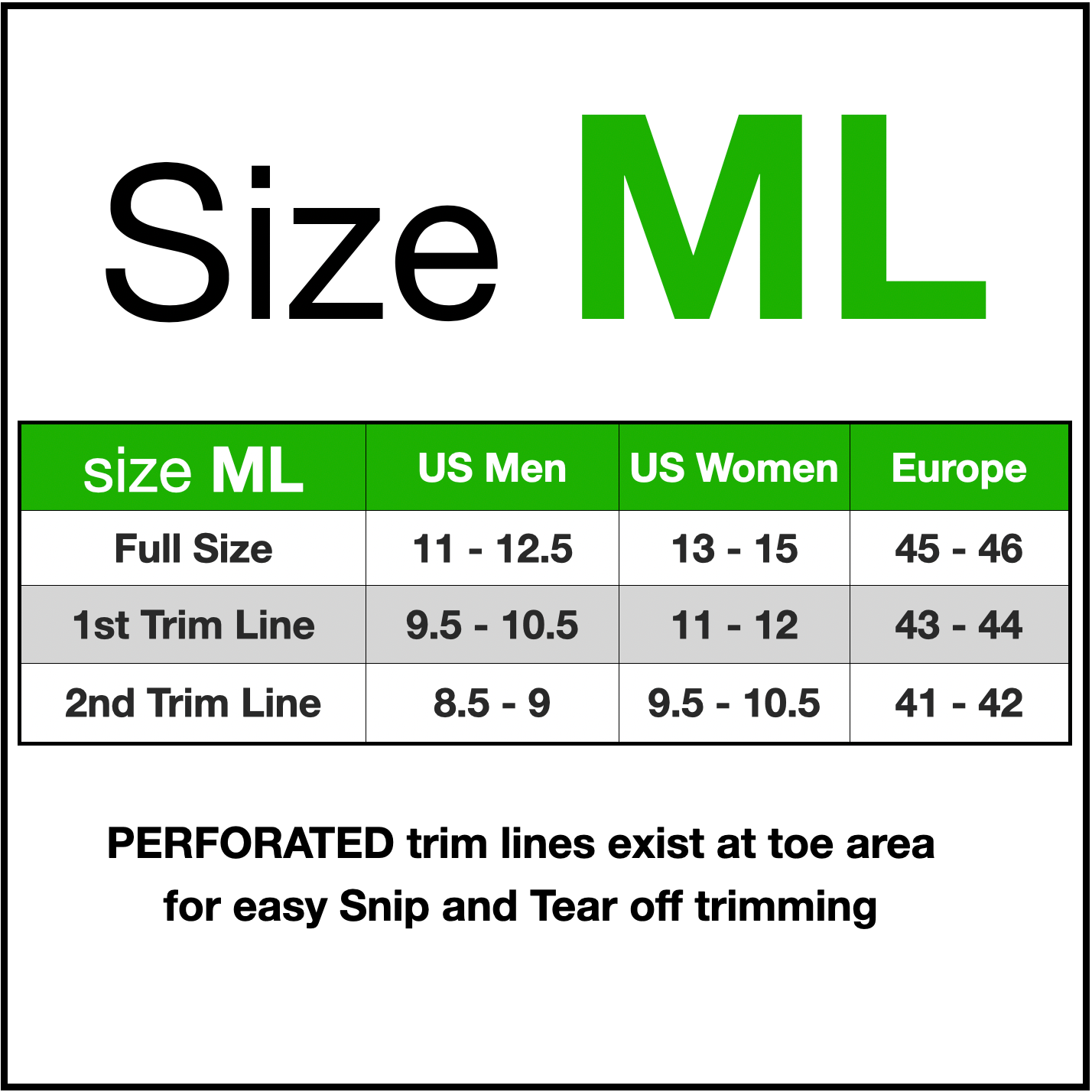 Size chart for ML shoes with measurements in US Men, US Women, and Europe.