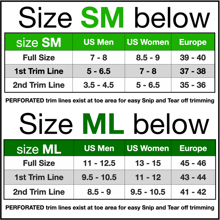 Size chart for shoes with US and European size conversions.