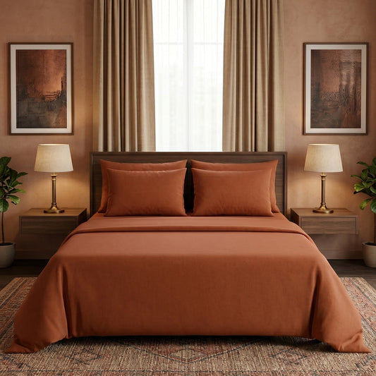 Purple bedding set on a bed with matching pillows in a room with purple walls and wooden nightstands.