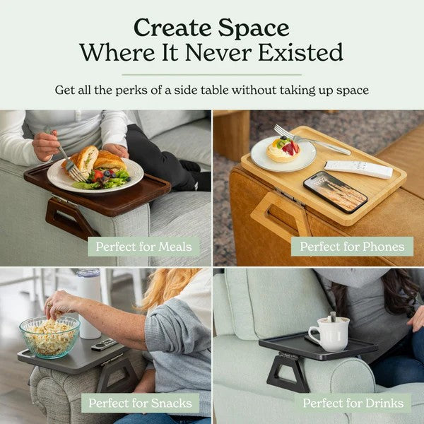 Collage of a portable tray table being used for meals, snacks, and drinks on a couch.