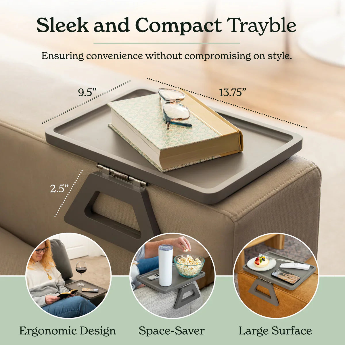 Trayable product on a couch with text highlighting features and uses