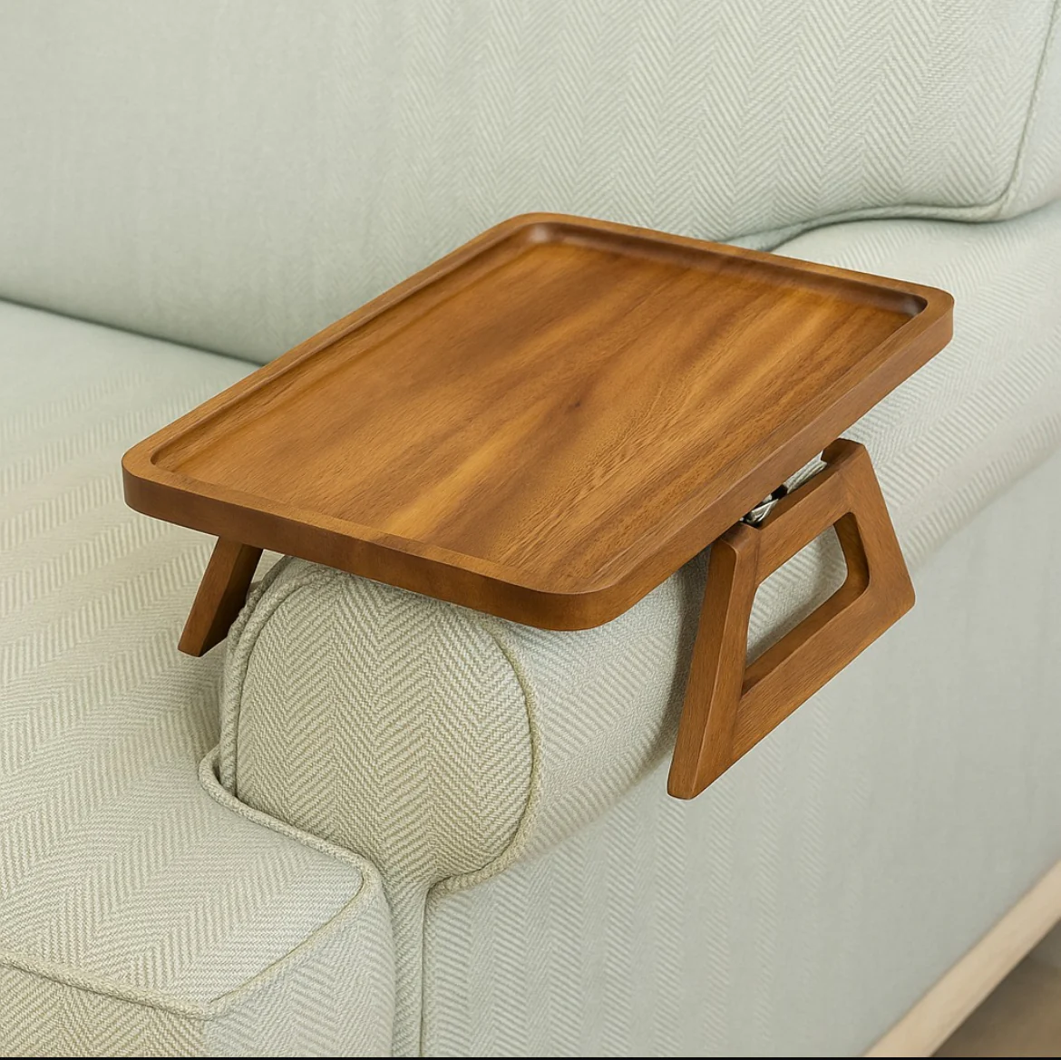 Wooden tray attached to a sofa for convenience