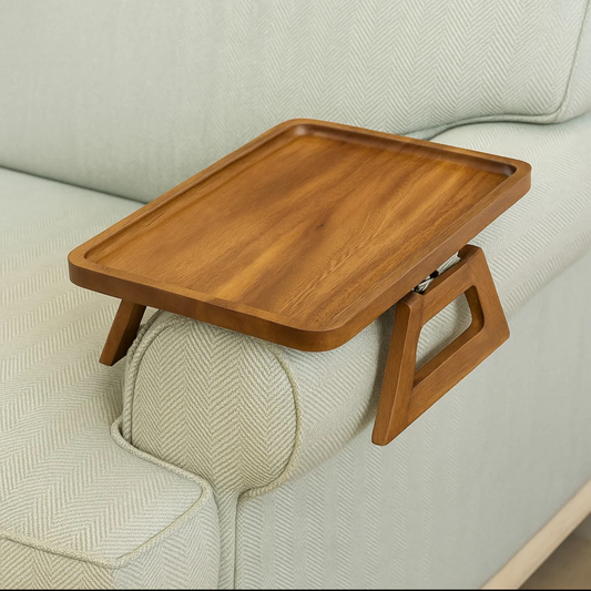 Wooden tray attached to a sofa for convenience