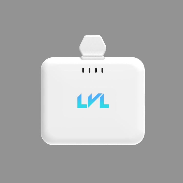 White electronic device with a logo on a gray background