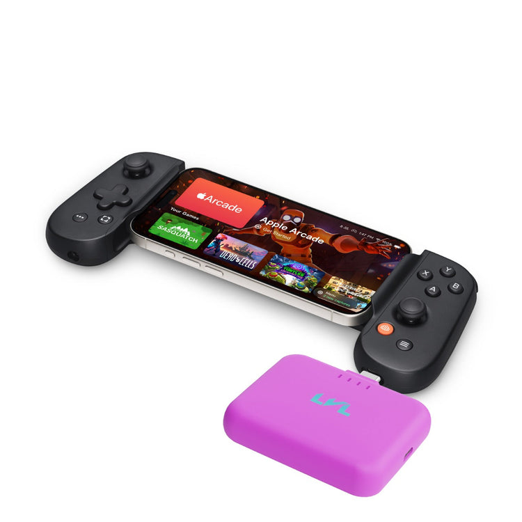 Phone with gaming controllers and a purple accessory on a white background