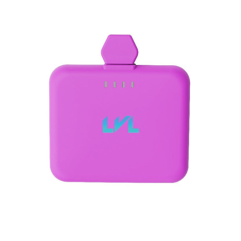Purple handheld device with 'LVL' branding on a white background