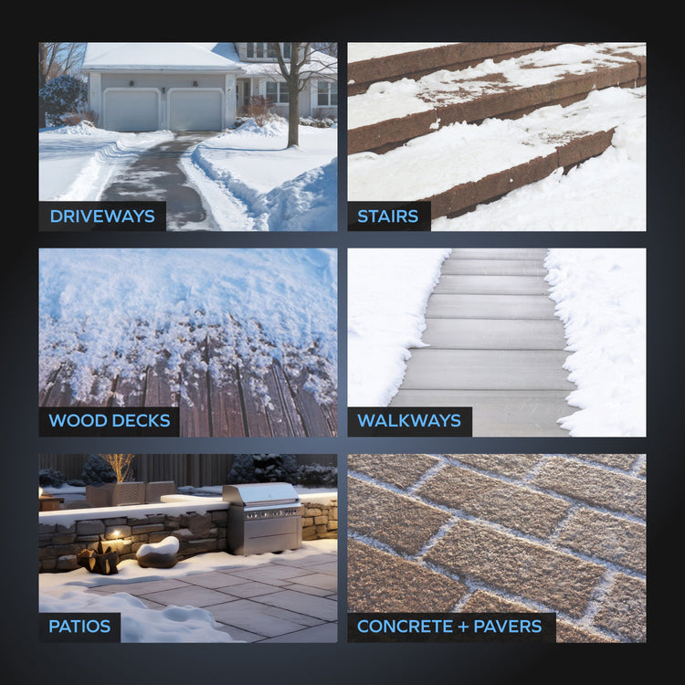 Collage of snowy outdoor scenes with text labels for driveways, stairs, wood decks, walkways, patios, and concrete pavers.