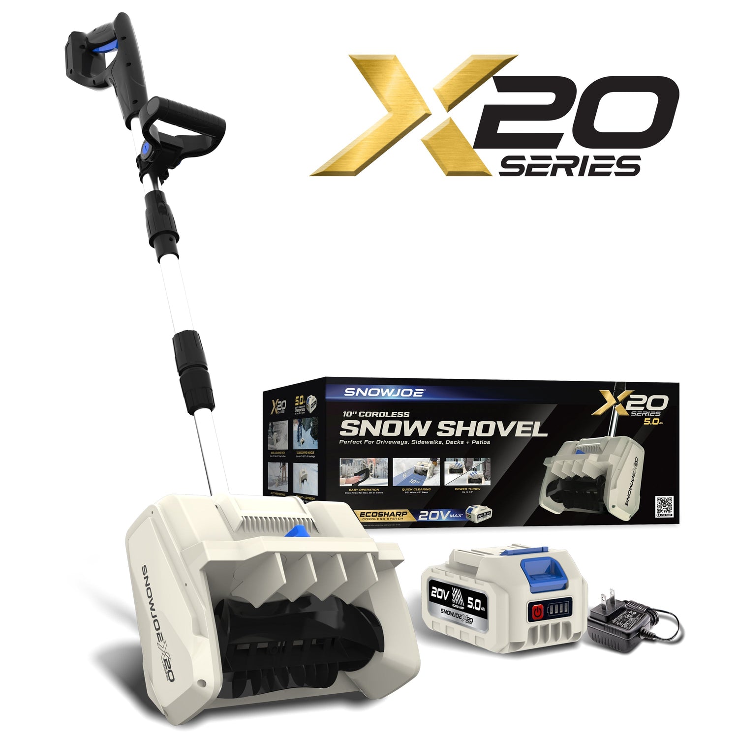 Snow Joe X20 Series snow shovel with packaging and battery on a white background