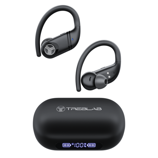 Two black Treblab wireless earbuds floating above their matching black charging case on a plain white background. The case has a white Treblab logo and a small blue digital battery display at the bottom.