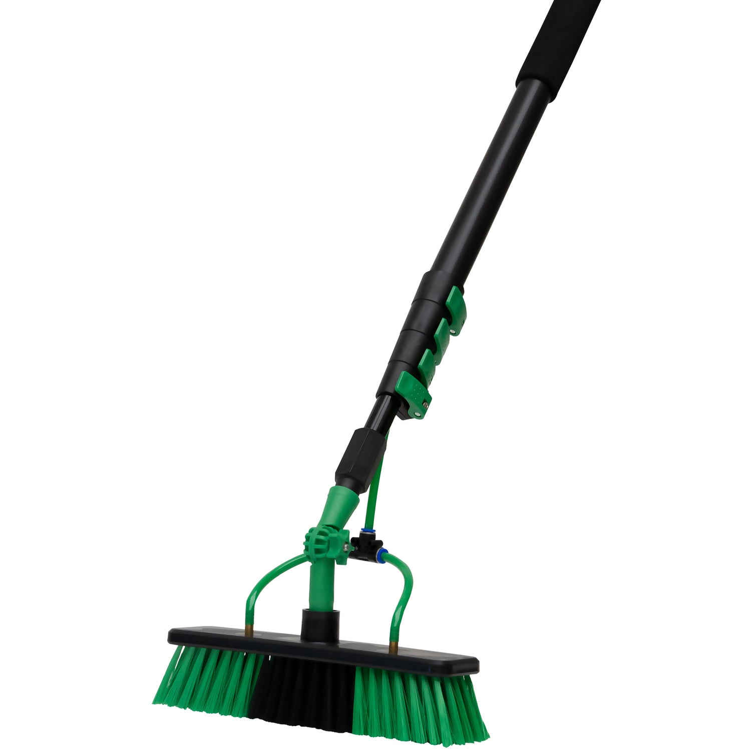 Green and black broom with extendable handle on a white background