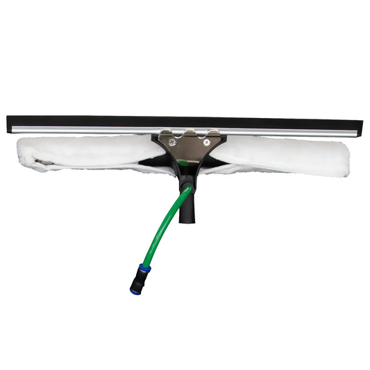 Green and black broom with extendable handle on a white background