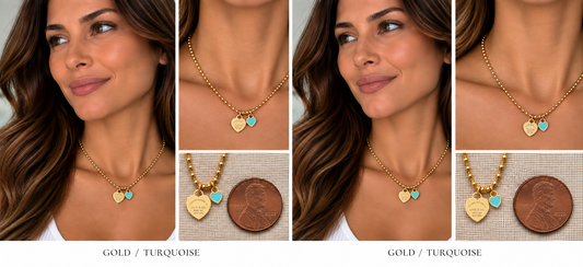 Two necklaces on mannequin busts with a blurred background