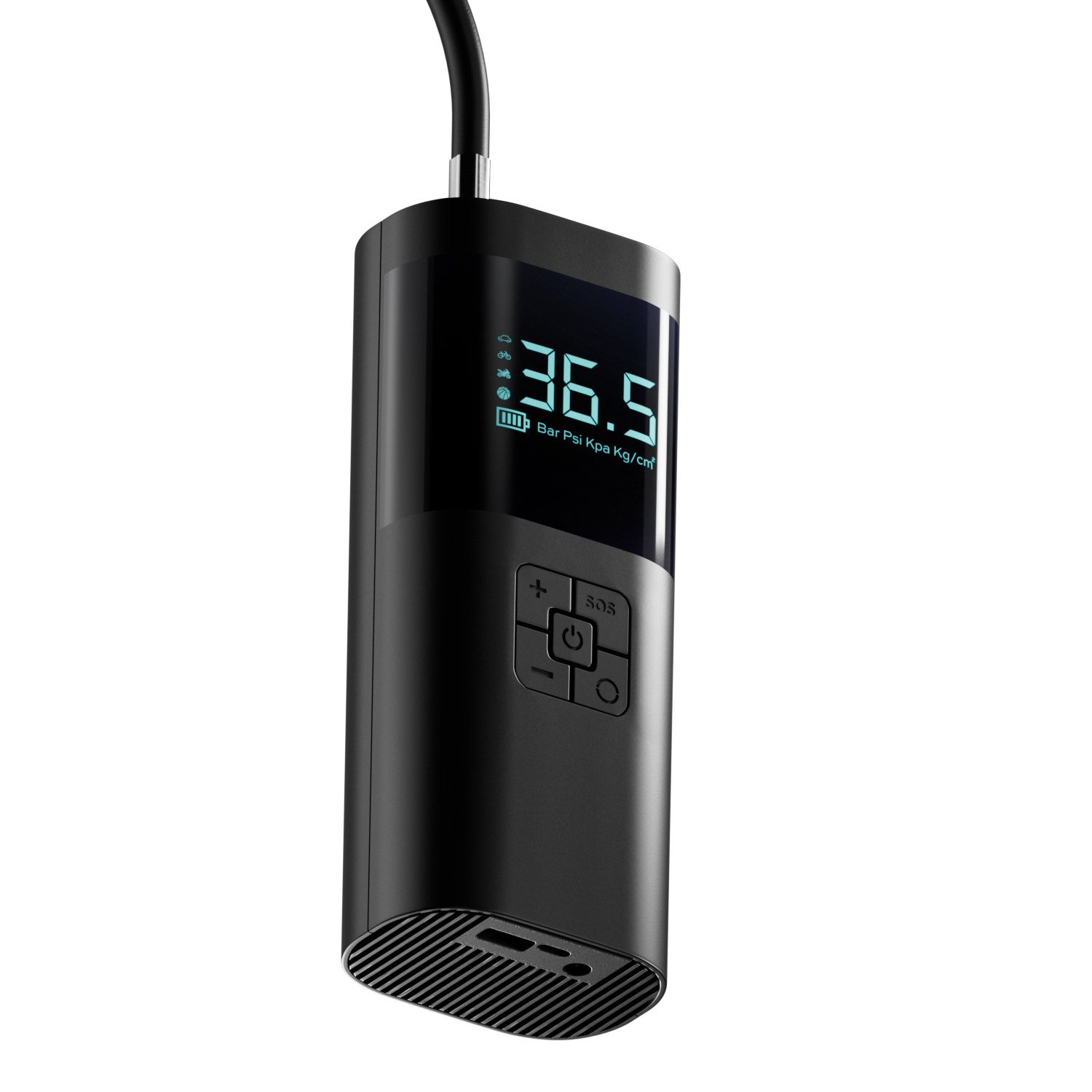 Black electronic device with digital display on a white background