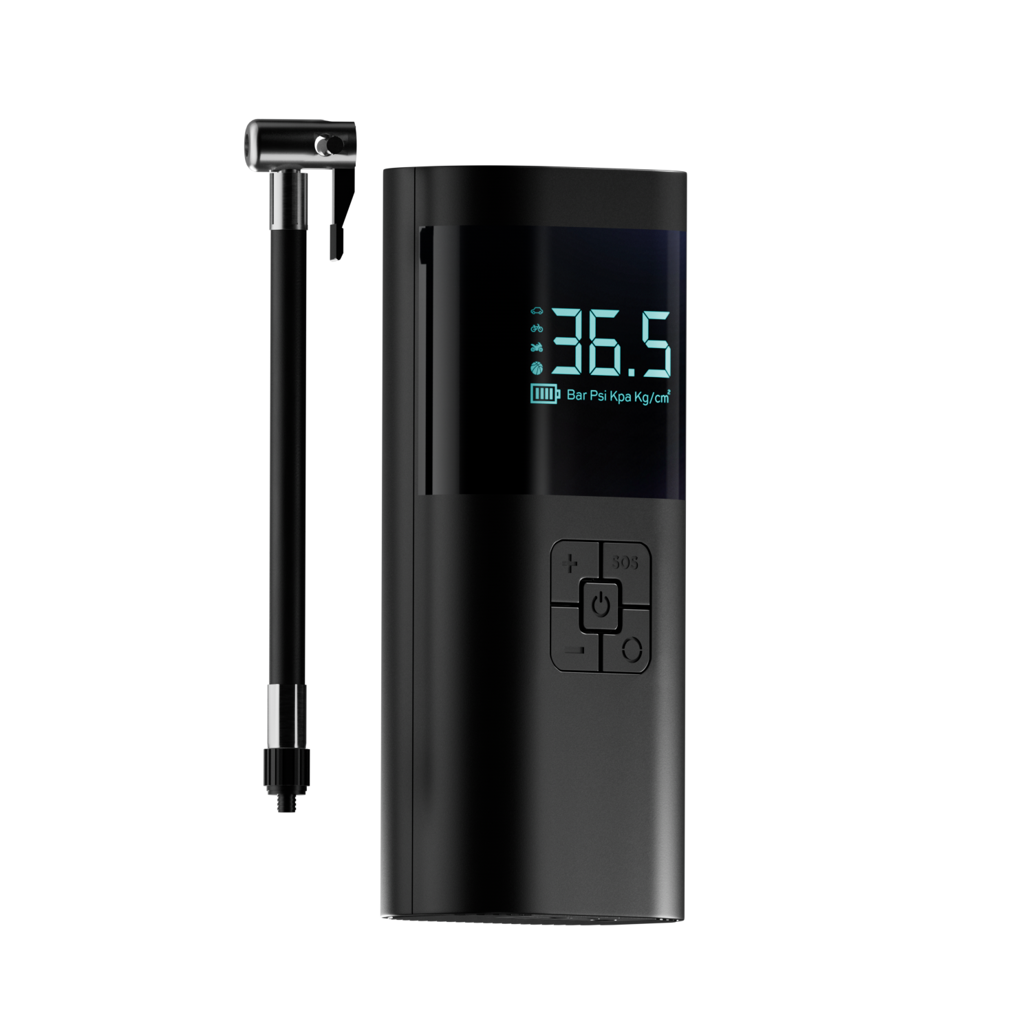 Black electronic device with digital display and attachment on a white background