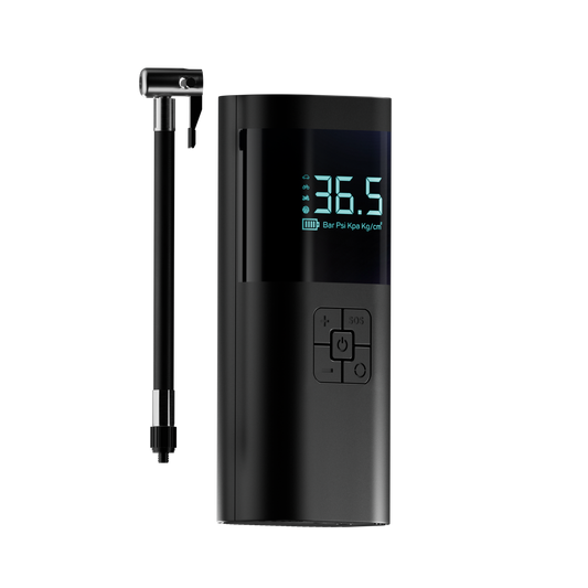 Black digital tire pressure monitor with digital display on a white background