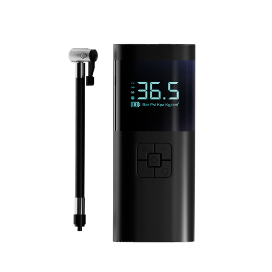 Black digital tire pressure monitor with digital display on a white background