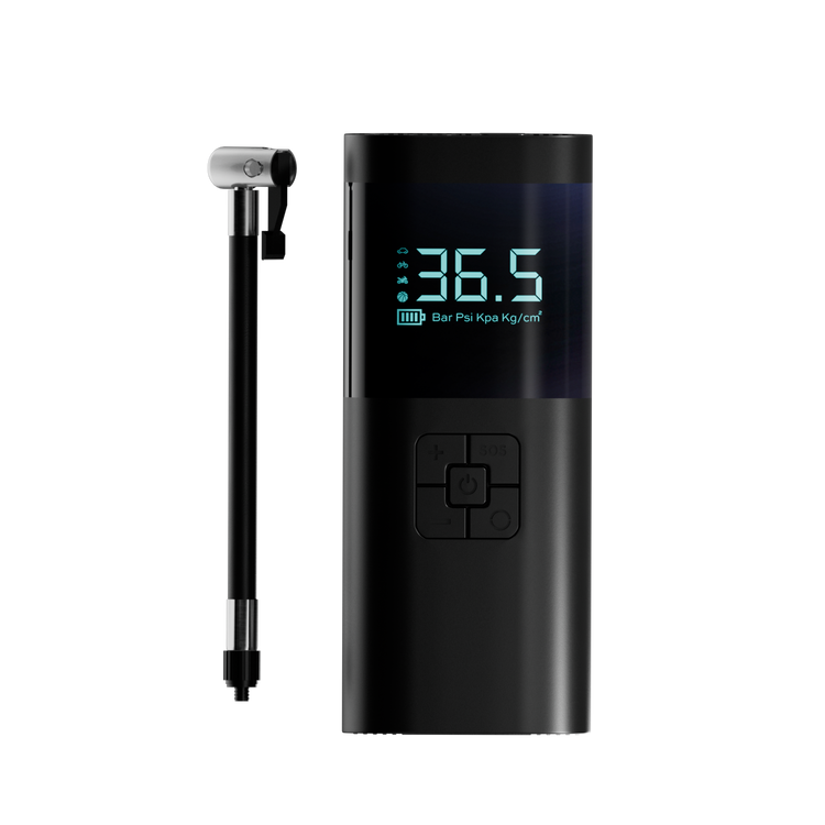Black digital tire pressure gauge with digital display on a white background