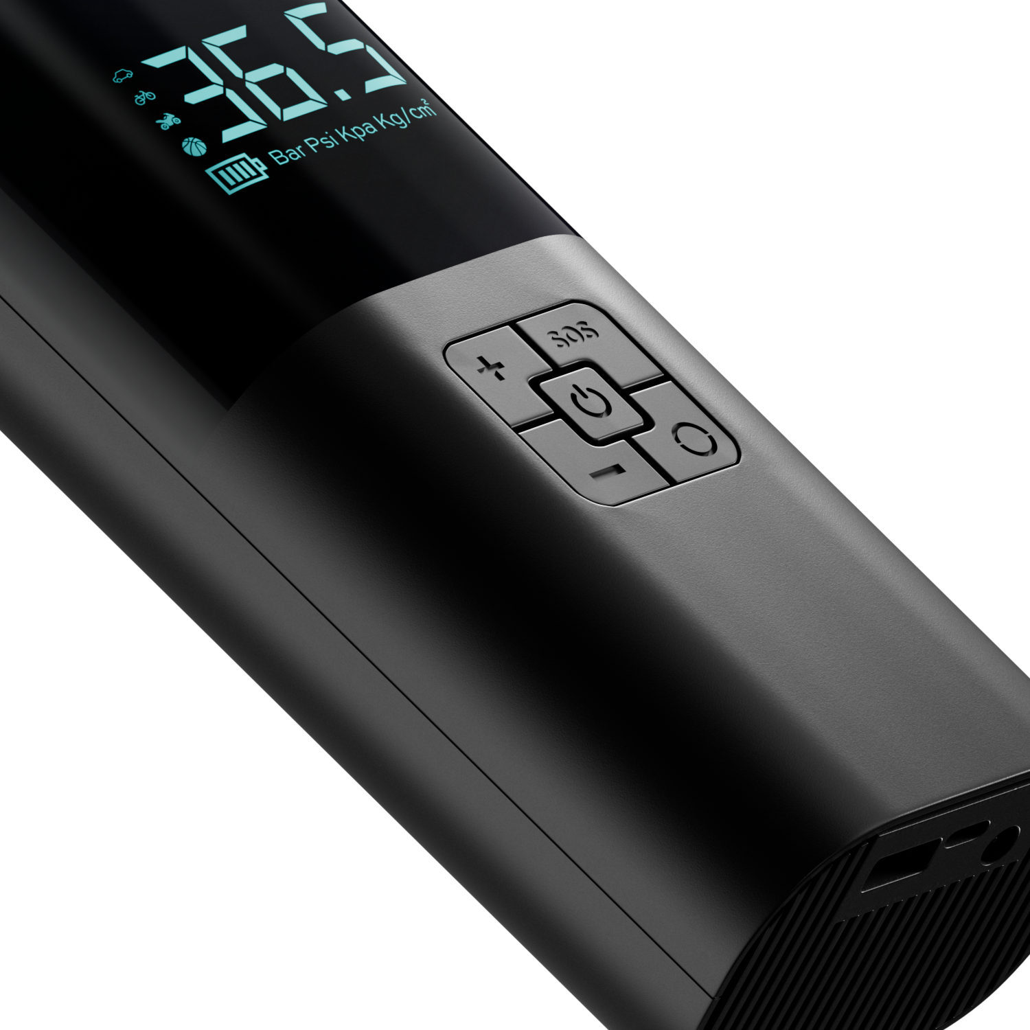 Black tire inflator with digital display on a white background