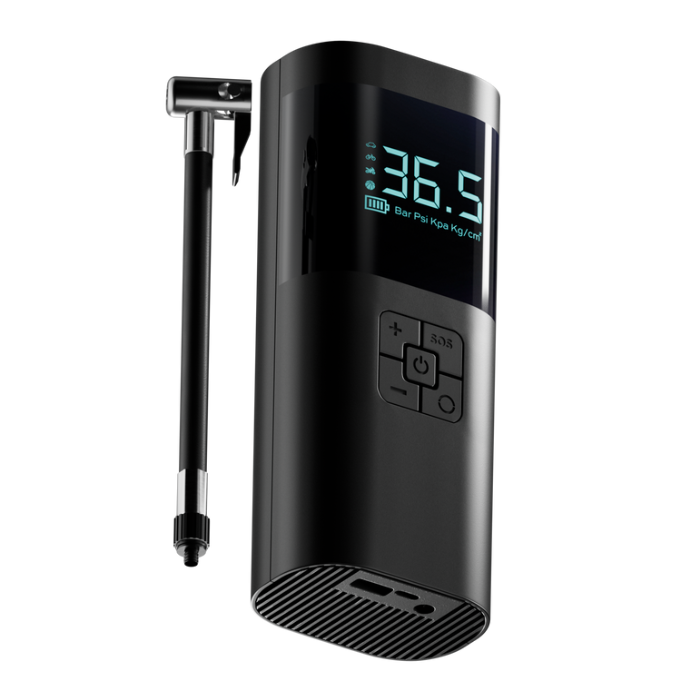 Black digital tire pressure monitor with digital display on a white background