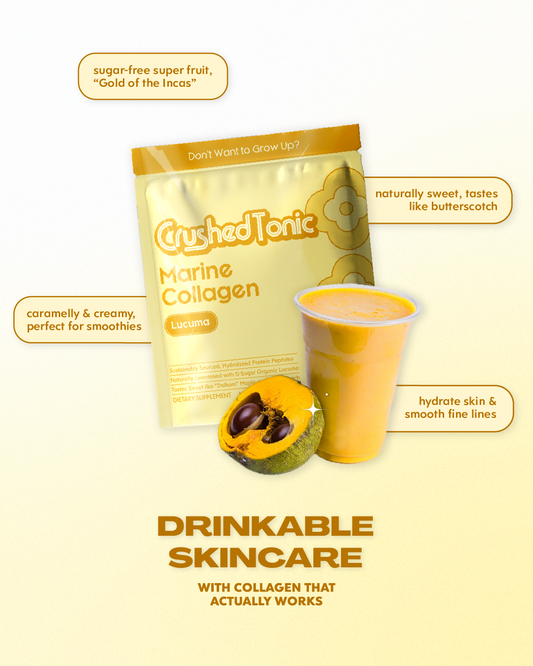 Yellow package of Crushed Tonic Marine Collagen on a white background