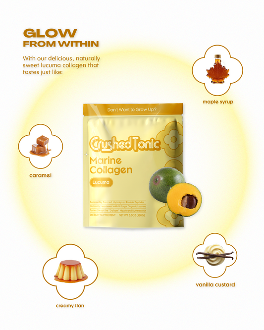 Yellow package of Crushed Tonic Marine Collagen on a white background