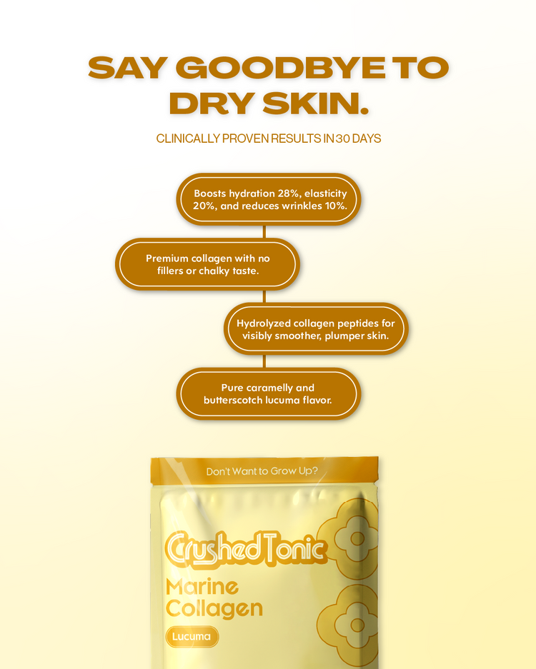 Marine Collagen package with promotional text on a light yellow background